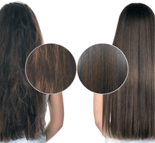 Load image into Gallery viewer, The effect of batana oil on hair where you can see improvement in split ends, shine, and growth.