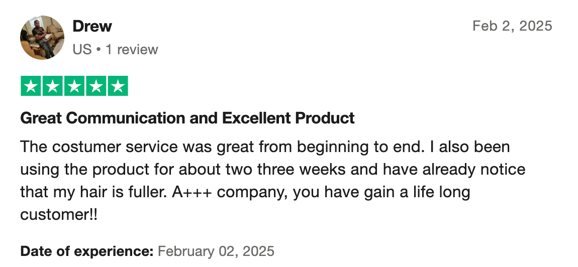 Product review with positive feedback on communication and product quality, dated February 2, 2025.