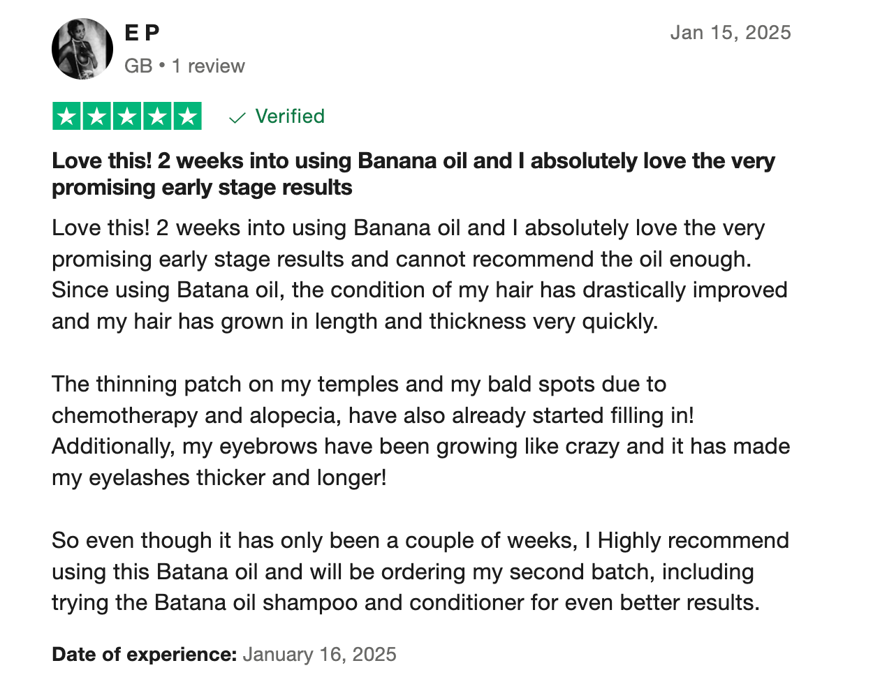 Product review for Banana oil with positive feedback on hair growth and condition.